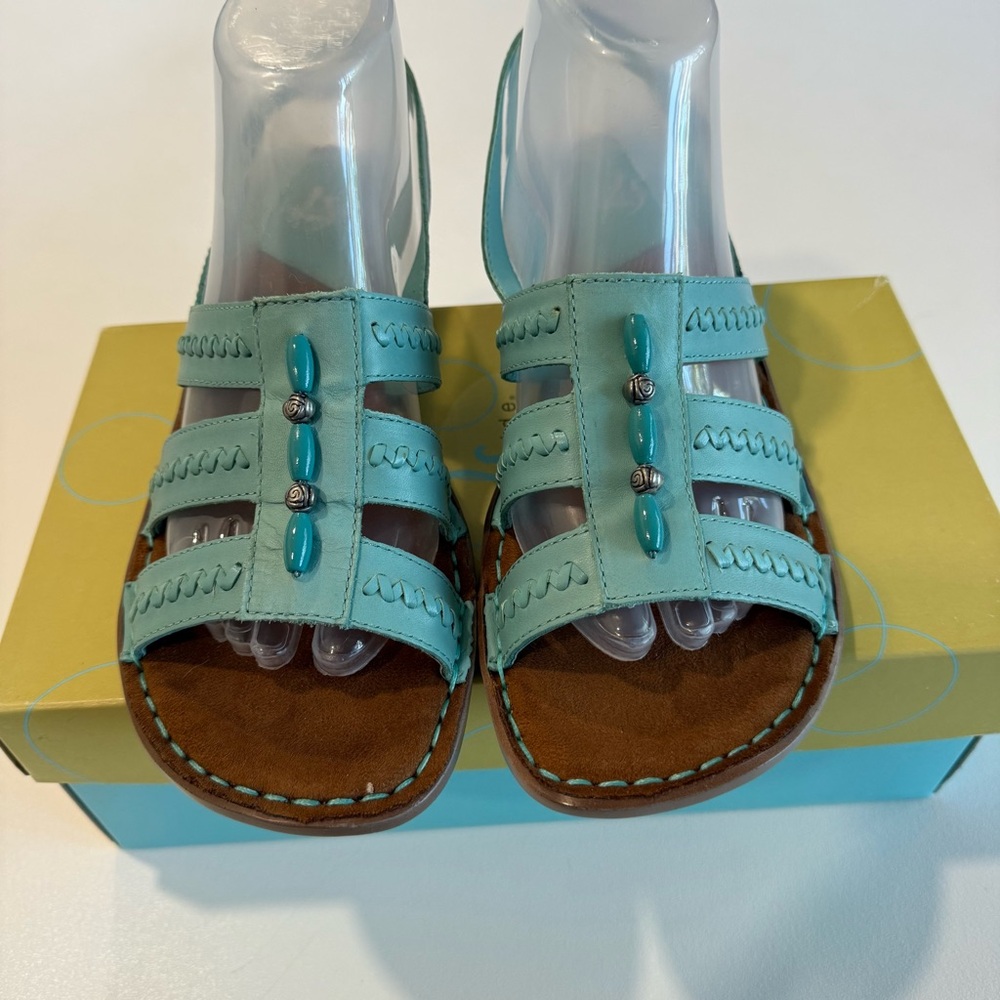 Life Stride Trinidad Aqua Marine Beaded Wedge Leather Sandals Womens Size 9 - Picture 2 of 8